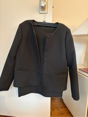 J. Crew Black Textured Suit with Collarless Jacket and Skirt